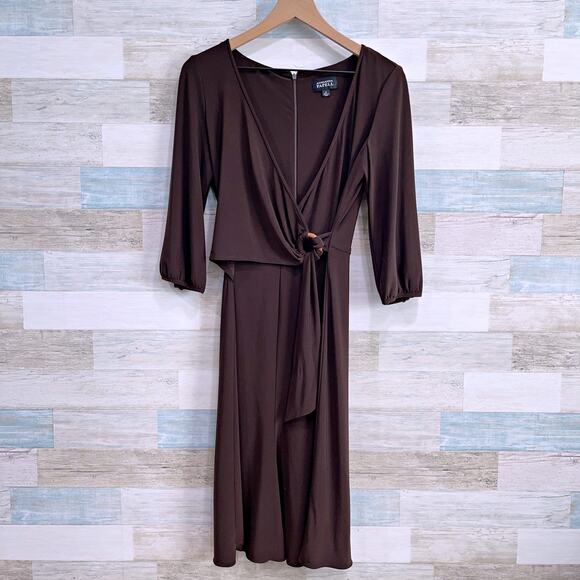 Adrianna Papell Jersey Wrap Dress Brown 3/4 Sleeve V Neck Stretch Womens 6 - Picture 1 of 7